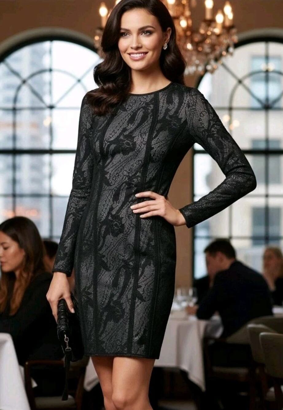 Reiss Kitty Lace Lace Mini Dress Womens 4 Black Cresm Long Sleeved Bodycon LBD